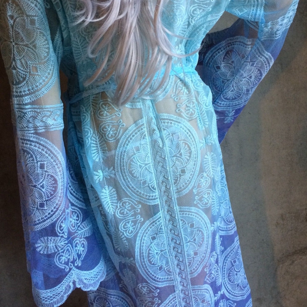 🌸 KIMONO ROBE CARDIGAN BELL SLEEVE OMBRE BLUE BOHO CHIC BOHEMIAN DUSTER BEACH - Picture 5 of 7